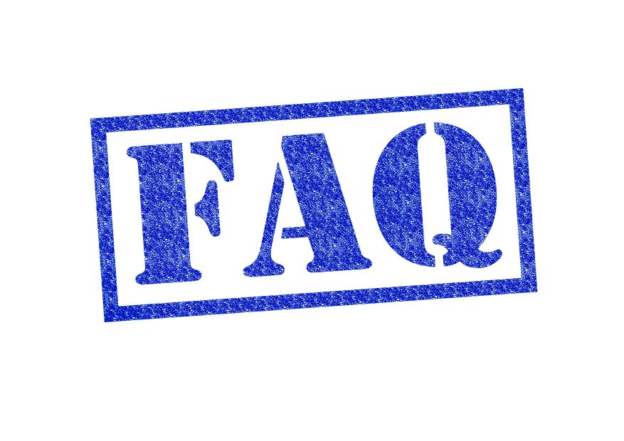 FAQ (Frequently Asked Questions) rubber stamp over a white background.